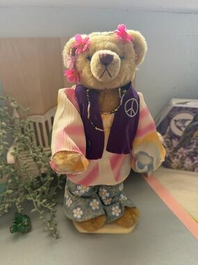 Vintage Hippie Flower Child Teddy Bear Plush in Tie-Dye Outfit “Ivy”